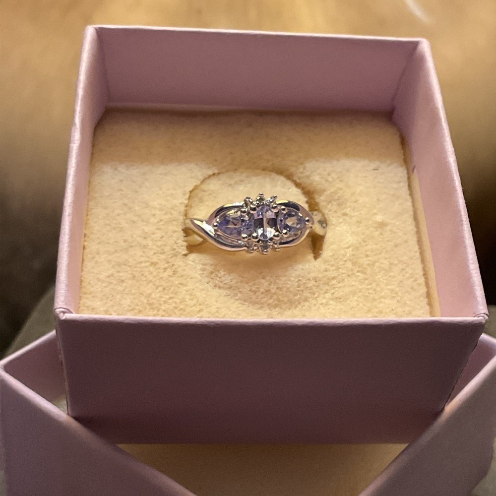 Classic 10k Solid White Gold Natural Tanzanite and Diamond 3-Stone Ring Size 7