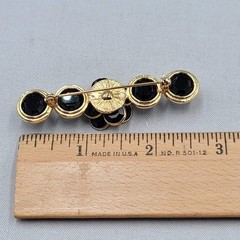 Vintage Black Rhinestone Flower Bar Brooch Bezel Set Gold tone 2.75″