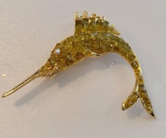 Unusual Swordfish Brooch Pin Gold Tone Pearl Eye and Textured Body