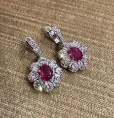 Art Deco Style Lab-Created Ruby & Diamond Anniversary 14k White Gold FN Earrings
