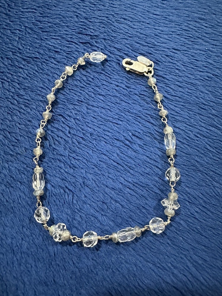 Vintage Sterling Silver 925 Labradorite Crystal Beaded Bracelet, 8.5in Long