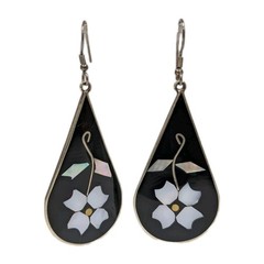Vintage Alpaca Mexico black earrings with mother of pearl and abalone flower