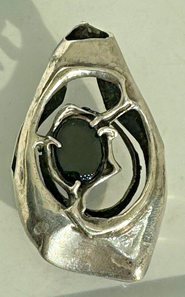 Artisan “AT” Signed Abstract Modern Eye Pendant Silver Onyx Brutalist Studio Big