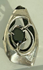 Artisan “AT” Signed Abstract Modern Eye Pendant Silver Onyx Brutalist Studio Big