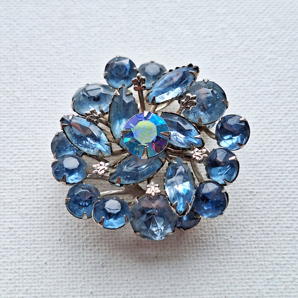 Vintage Blue Rhinestone Layered Cluster Brooch, Aurora Borealis Center