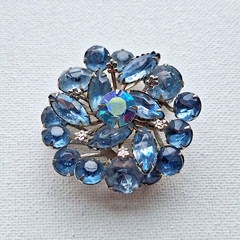 Vintage Blue Rhinestone Layered Cluster Brooch, Aurora Borealis Center