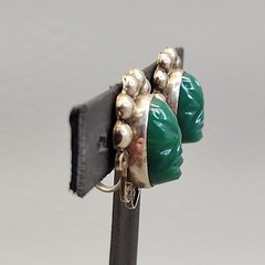 Vintage Tribal Mask Earrings Mexico Screw Back Green Onyx Stone 1″