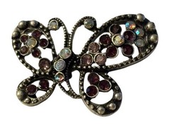 Butterfly Brooch Pin Silver Tone Purple Aurora Borealis Rhinestones Textured VTG
