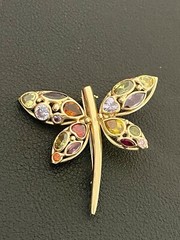 14KT Yellow Gold 2.50CTW Multi Color Gemstones Dragonfly Brooch(FL406)