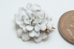 ANTIQUE 14K GOLD WHITE ENAMEL DIAMOND ROSE FLOWER BROOCH / PENDANT C1900