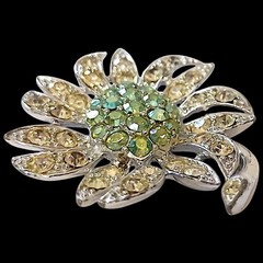 Vtg Sarah Coventry Mountain Flower Brooch Green AB Rhinestones Silver Tone 1968