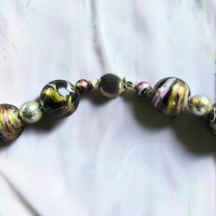 Vintage Marbled Lucite Bead Necklace Black Gold Pink Silver 24″ Mid Century