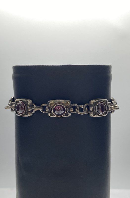 Vintage Sterling Silver 925 Garnet Cabochon Toggle Link Bracelet 8″ 26.6g