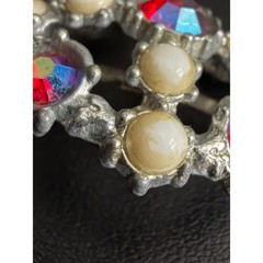 Vintage Pot Metal Brooch AJC Rhinestone Silver Tone Aurora Borealis Faux Pearl