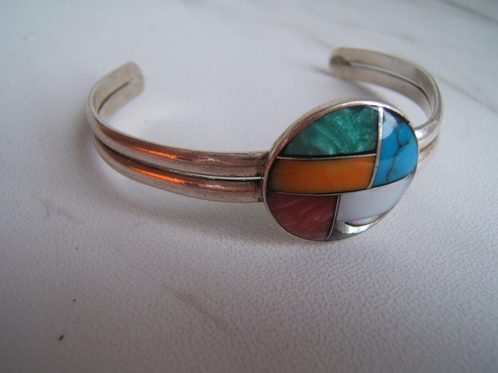 VINTAGE SILVER CUFF BRACELET W/ VARIOUS COLORS OF MOTHER OF PEARL MOP