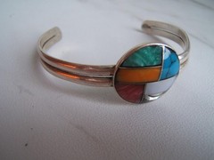 VINTAGE SILVER CUFF BRACELET W/ VARIOUS COLORS OF MOTHER OF PEARL MOP