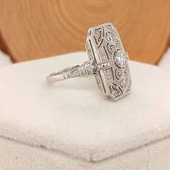 Art Deco Filigree Ring Vintage Style Engagement Cocktail Ring 14K White Gold FN