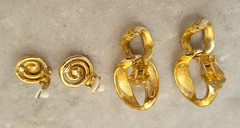 Retro Gold Tone Clip-On Earrings Sphinx Drop & Spiral Button VTG