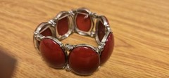 Red Oval Plastic Stone Silver Tone Metal Flex Stretchy Bracelet Adjustable Flaw