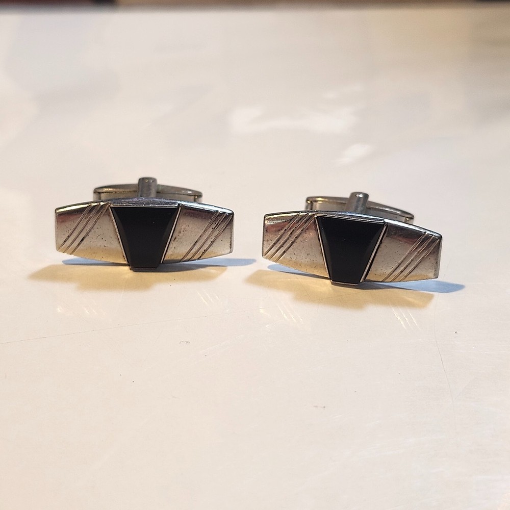 Foster Signed Vintage Cufflinks Modernist Silver and Black Lucite