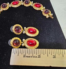 Goldtone Brooch Earrings & Bracelet set w purple red stones & faux pearl- READ