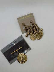 Vintage Gold Tone Coin Jewelry Set Brooch & Drop Earrings 90s Y2K NOS