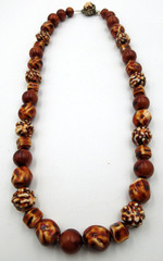 VTG 24″ UNUSUAL GEOMETRIC BEAD brown white silver tone mtl STRAND Necklace