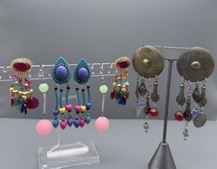VTG 80s Post Earrings Dangle Metal Tassel Multi Color Acrylic Beads Blue Purple