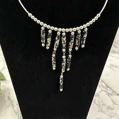 Vintage Y2k Silver Black Choker Necklace Floral Clay Beads Metal Ring Bib