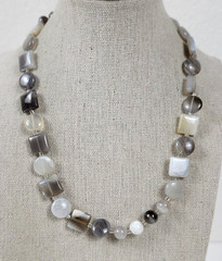 Vintage Gray Agate Beaded Necklace Silver-Tone 17 In Square/Round Beads Lobster