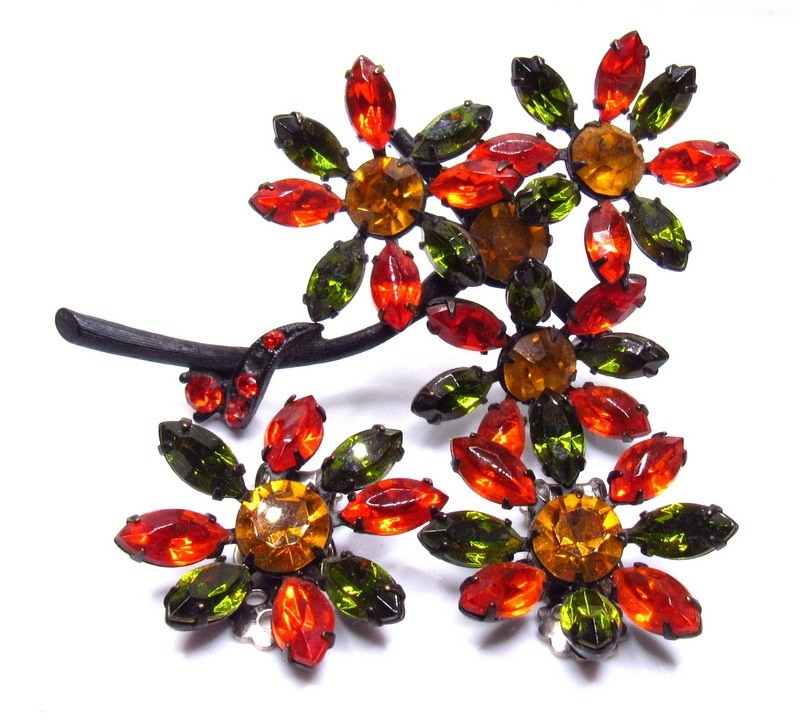 Vintage Rhinestone Flower Brooch Earrings SET