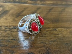 Marcasite Sterlling Silver Chunky Double Stone Garnet Ring Size 8