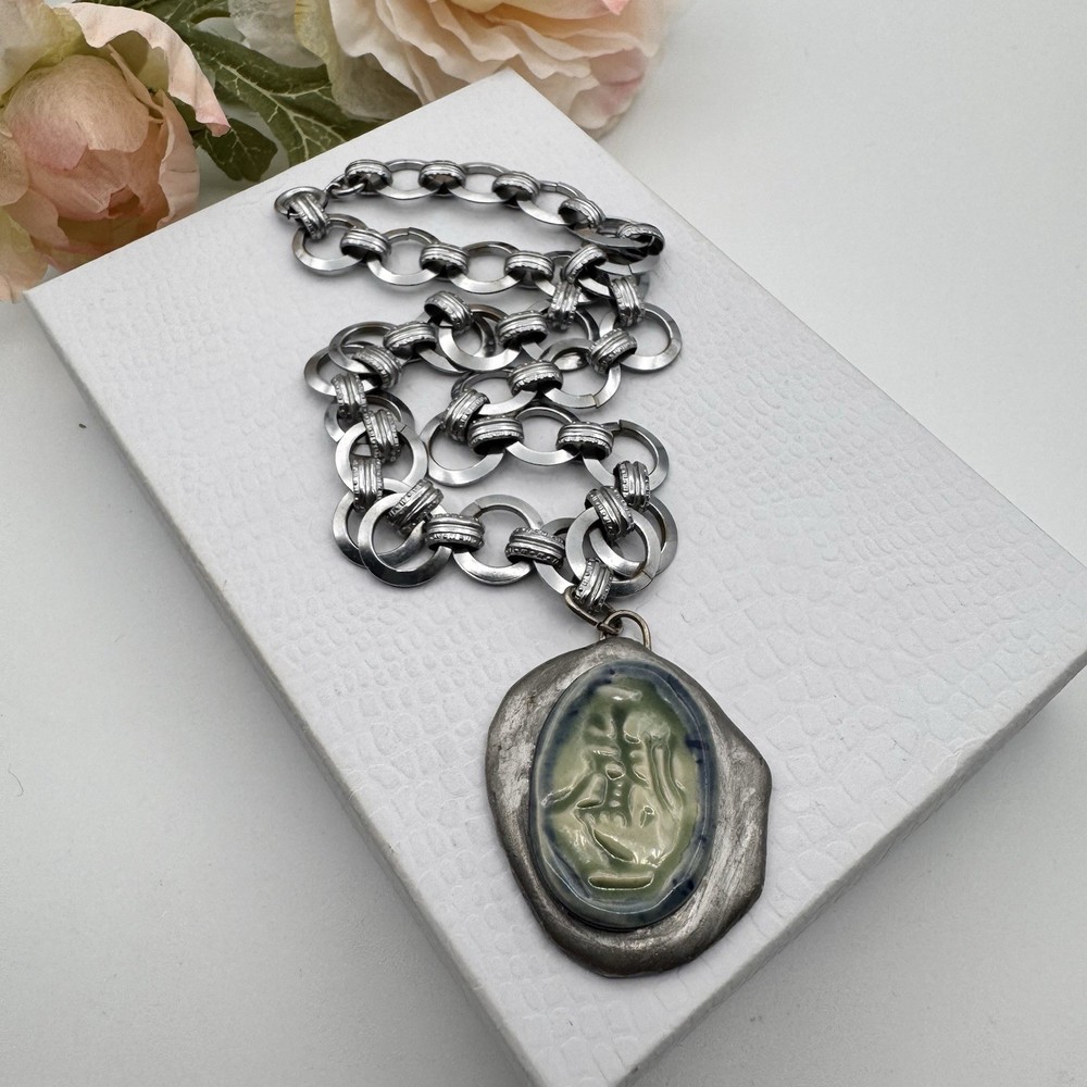 Vintage Techau Denmark Silver Tone Book Chain Pendant Necklace 16.5″