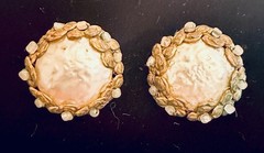 Vintage Miriam Haskell Brass Filigree Faux Pearl Clip On Earrings Mid Century
