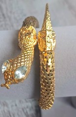 Vintage 70’s Goldtone Brass Mesh Coil Snake Bracelet Rhinestone eyes