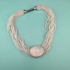 Vintage Seed Bead Opalite Necklace Multi Strand Large Oval Station Pendant 17″