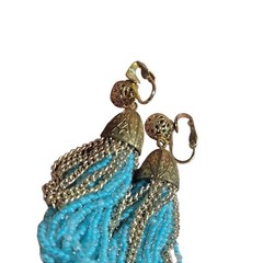 Vintage Turquoise Blue Seed Bead Tassel Clip On Earrings Gold Tone Boho 2.5″