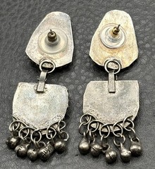 Vintage Boho Tribal Silver Tone Dangle Earrings Green Red Gemstone