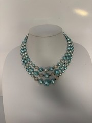 Vintage Triple Strand Faux Pearl Necklace Aqua Blue Beaded 50s Japan