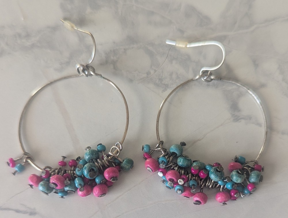 Sterling Silver Wire Hoop Pierced Earrings Pink & Blue Beads