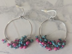 Sterling Silver Wire Hoop Pierced Earrings Pink & Blue Beads