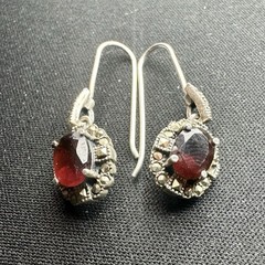 Rare Vintage 925 Sterling Silver Garnet Marcasite Drop Dangle Earrings Oval Red