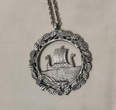 Vintage Norway Viking Ship Necklace Souvenir Pewter Pendant w/ Chain