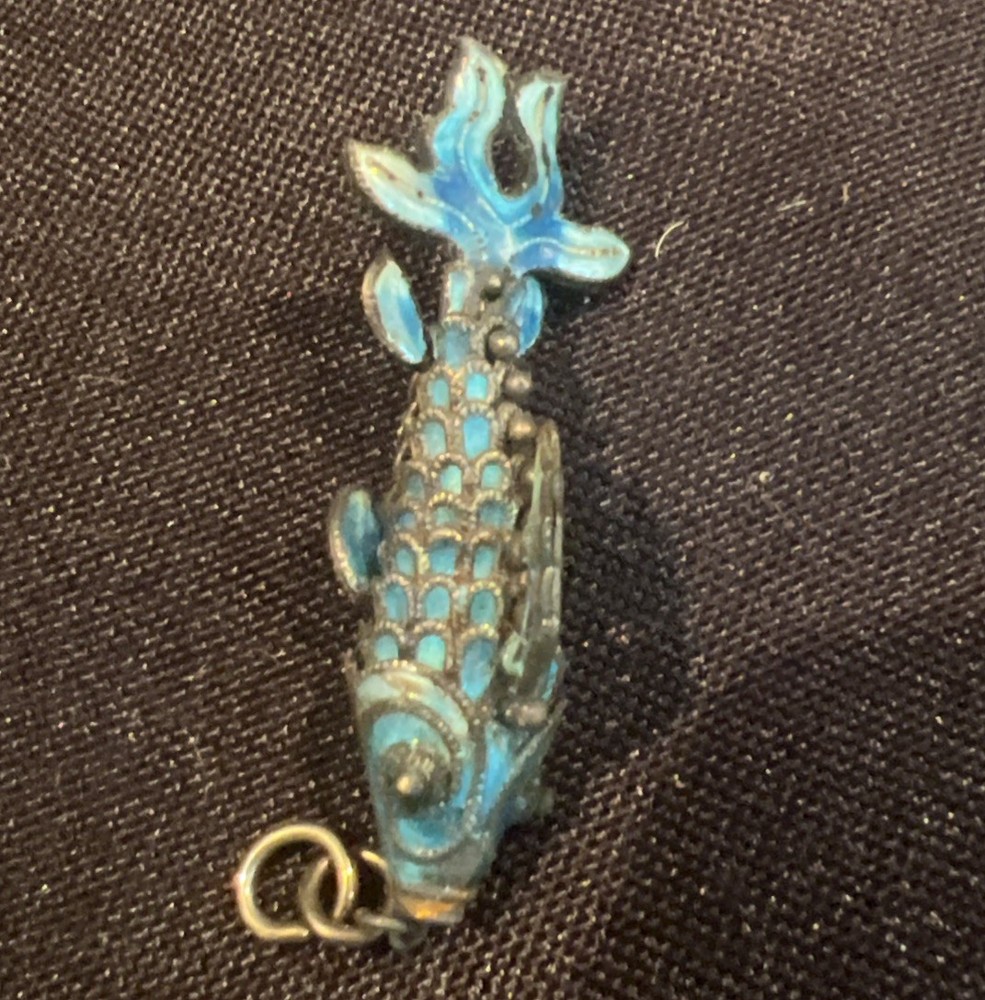 Vintage Flexible Fish Koi Blue Enamel Silver 2” Pendant