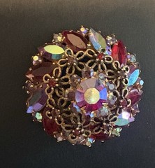 Juliana 1950s Red Rhinestone Marquise Cut Brooch with Faux Iridescent Stones