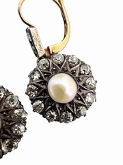 Antique Victorian Old Mine Cut Diamond Cluster Pearl Earrings 14K Gold & Silver