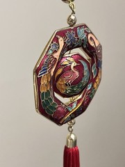 Vintage Cloisonné Red Floral Peacock Enameled Hexagon Tassel Necklace Bird New