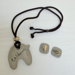 Vintage Ceramic Cat Cheetah Calderon Signed Necklace Clip On Earrings Set Gift