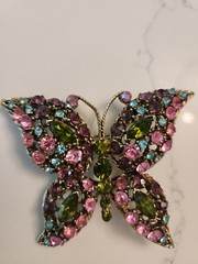 Vintage Butterfly Brooch Multicolor Rhinestones Midcentury 2 inches Pink