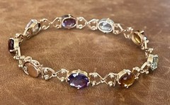Vintage C.1950s 14Kt Rose Gold Natural Oval Multi-Gemstones Link Bracelet 7.5”in